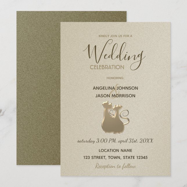 Cat Couple Modern Gold Elegante Hochzeit Einladung (Vorne/Hinten)