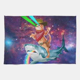 Cat Cowboy auf einem Hai radeln einen Regenbogen Geschirrtuch