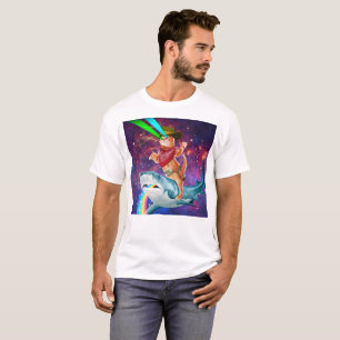 Cat Cowboy auf einem Hai radeln einen Regenbogen T-Shirt