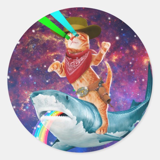 Cat Cowboy mit einem Hai, der einen Regenbogen spu Runder Aufkleber (Vorderseite)