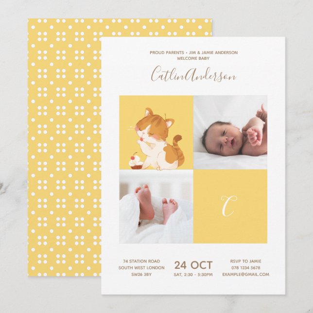 Cat Cupcake ・ Alphabet Monogram Niedlich Baby Shoo Einladung (Vorne/Hinten)