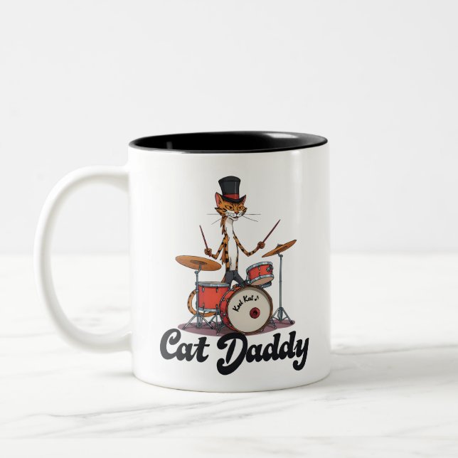 Cat Daddy Musician Drummer | Tabby Cats Art Lover Zweifarbige Tasse (Links)