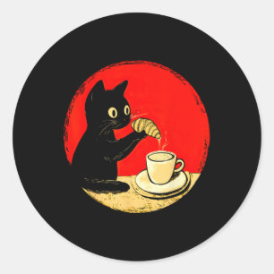 Cat Dipping Croissant in Coffee Niedlich Black Cat Runder Aufkleber