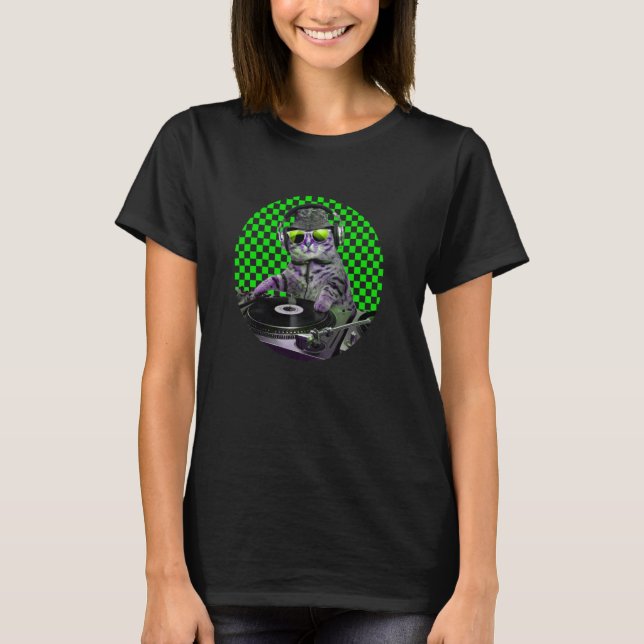 Cat DJ auf Turntable Spinning Tunes for Cat & Musi T-Shirt (Vorderseite)