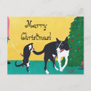 Cat Dog Playing by Tree Frohe Weihnachtskarten Pos Feiertagspostkarte