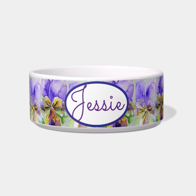 Cat Dog Shabby Floral Viola Violas Pet Name Bowl Napf (Vorderseite)