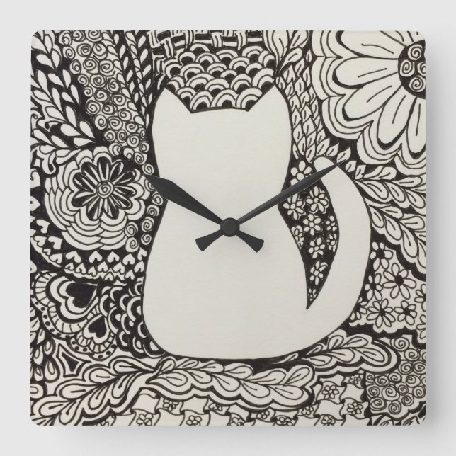 Cat Doodle Wall Clock Quadratische Wanduhr (Vorderseite)