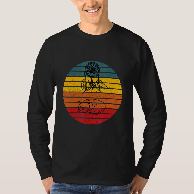 Cat Dreamcatcher Retro Sunset Design T-Shirt (Vorderseite)