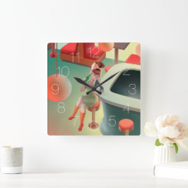 Cat Drink Beer am Bar Square Wall Clock Quadratische Wanduhr