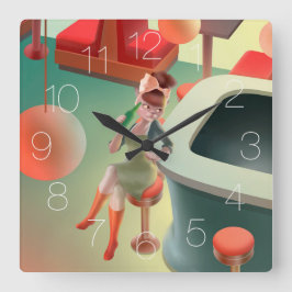 Cat Drink Beer am Bar Square Wall Clock Quadratische Wanduhr