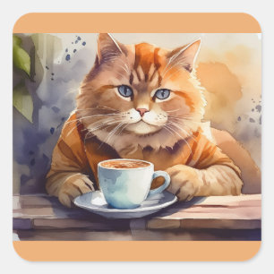 Cat Drink Coffee Square Stickers