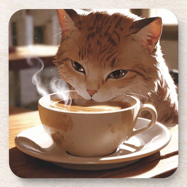 Cat drinking coffee from a cup getränkeuntersetzer (Vorderseite)