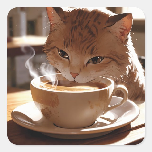 Cat drinking coffee from a cup quadratischer aufkleber (Vorderseite)