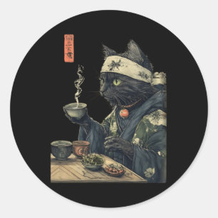 Cat Drinking Tee Japanisches Teezeremonie Kunst, D Runder Aufkleber