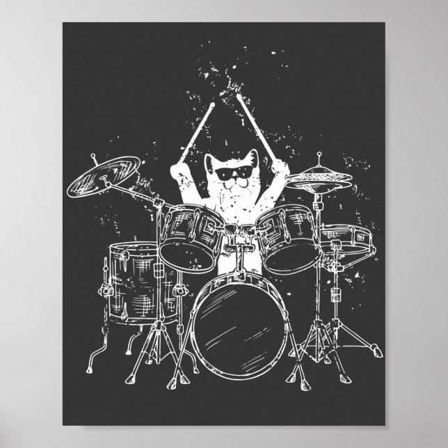 Cat Drummer Playing Drums Poster (Vorne)