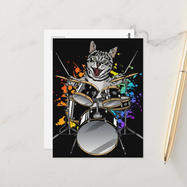 Cat Drummer Playing Drums Postkarte (Vorderseite/Rückseite Beispiel)