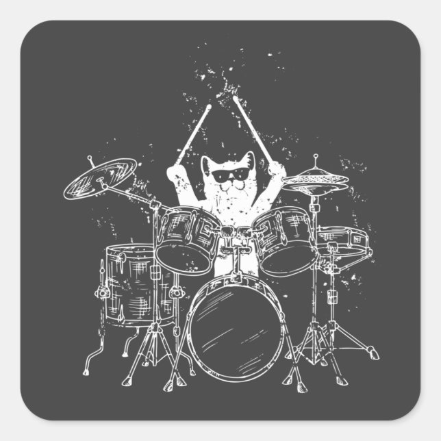 Cat Drummer Playing Drums Quadratischer Aufkleber (Vorderseite)