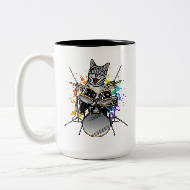 Cat Drummer Playing Drums Zweifarbige Tasse (Links)