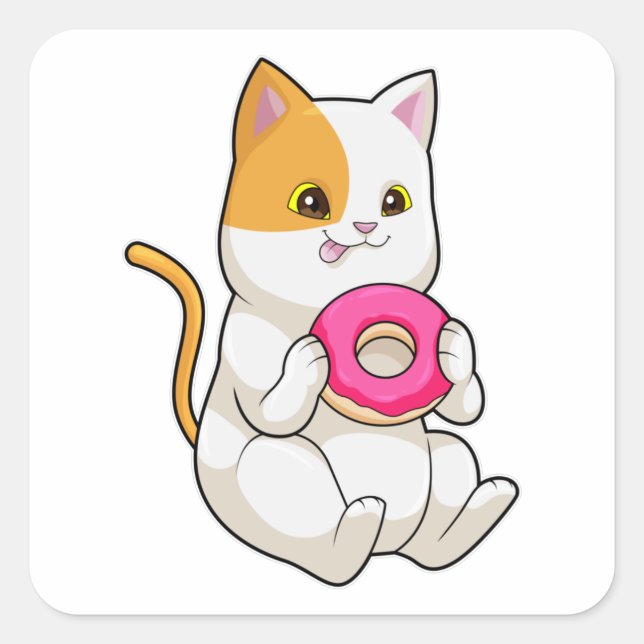 Cat Eating Donut Quadratischer Aufkleber (Vorderseite)