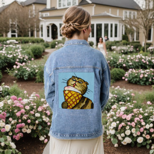 CAT Eating ICECREAM ART Denim jean Jacket Jeansjacke