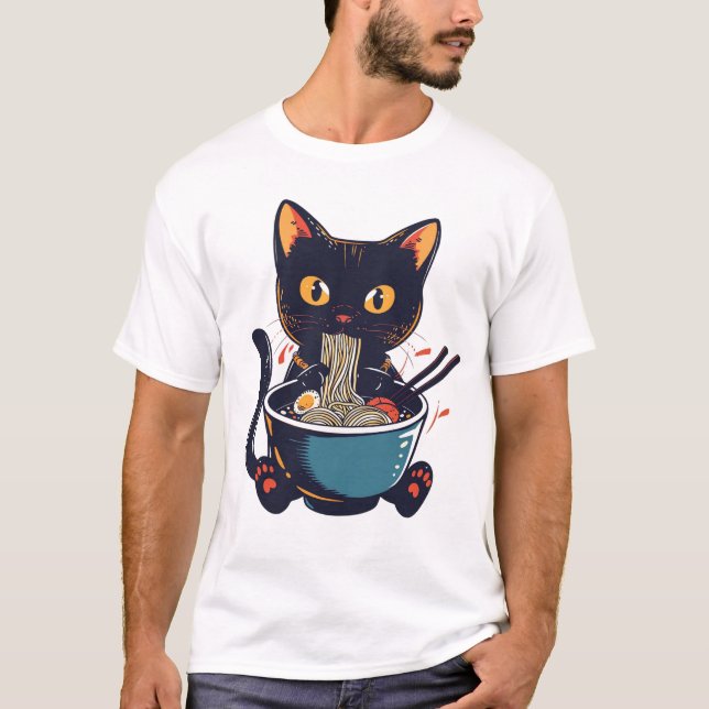 Cat Eating Noodles Funny Ironic Goofy Shirt (Vorderseite)