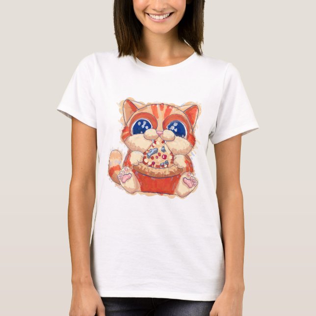 Cat Eating Pizza color T-Shirt (Vorderseite)