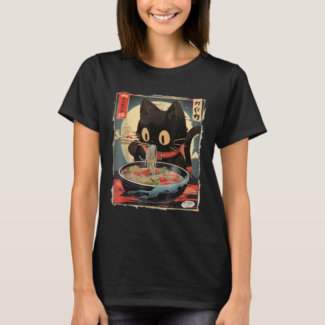 Cat Eating Ramen Noodle Funny Japanisch Kawaii Ani T-Shirt (Vorderseite)
