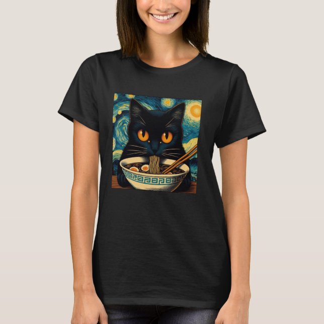 Cat Eating Ramen, Starry Night Van Gogh, Cat Lover T-Shirt (Vorderseite)