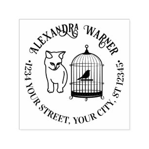 Cat Eying Bird in Cage Round Name Rücksendeadresse Permastempel