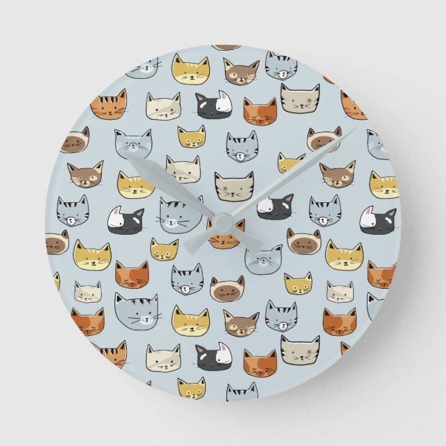 Cat Face Doodle Muster Runde Wanduhr (Vorderseite)