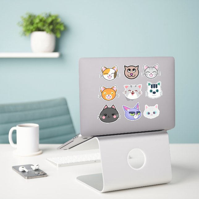 Cat Faces | Niedliche, lustige Katzen Aufkleber (Laptop auf Schreibtisch)