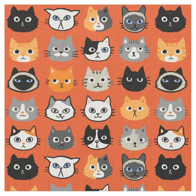Cat Faces Pattern | Cool Kitty Cat Lover's Fabric Stoff (Nahaufnahme)