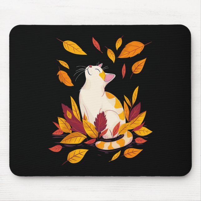 Cat Fall Leaf Tree Hallo Herbst Erntedank Mousepad (Vorne)