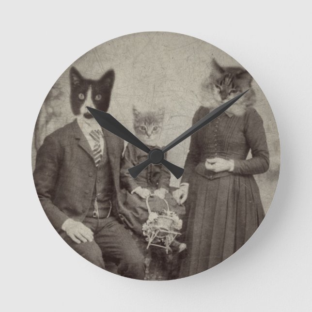 Cat Family Picnic clock Runde Wanduhr (Vorderseite)