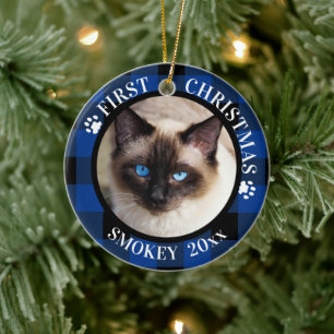 Cat First Christmas 2-Foto Blau und Schwarz Karier Keramikornament