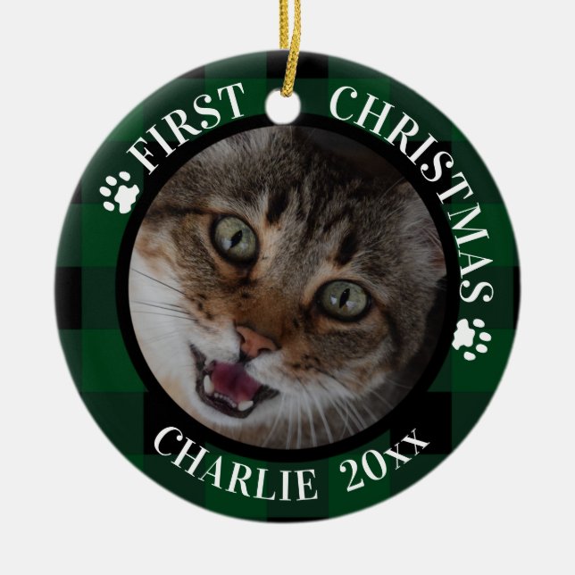 Cat First Christmas 2-Foto Grün und Schwarz Karier Keramik Ornament (Vorne)