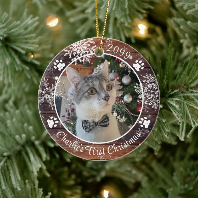 Cat First Christmas Rustic Wood Snowflake Foto Keramik Ornament (Baum)