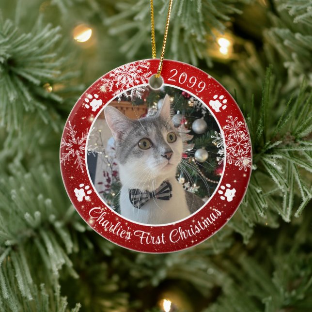 Cat First Christmas Snowflake Foto Red White Keramik Ornament (Baum)
