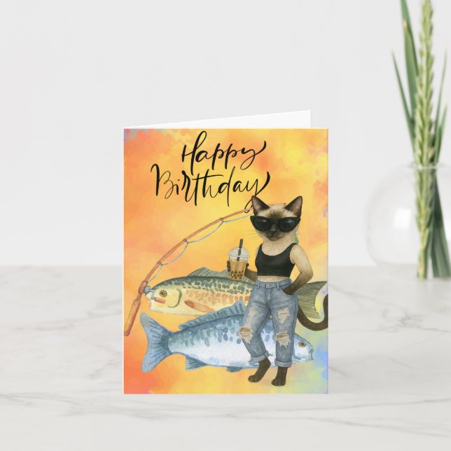 Cat Fishing Lovers Happy Birthday Karte (Vorderseite)