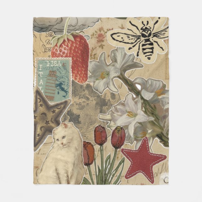 Cat Floral Collage Pattern – Cute Artistic Design Fleecedecke (Vorderseite)