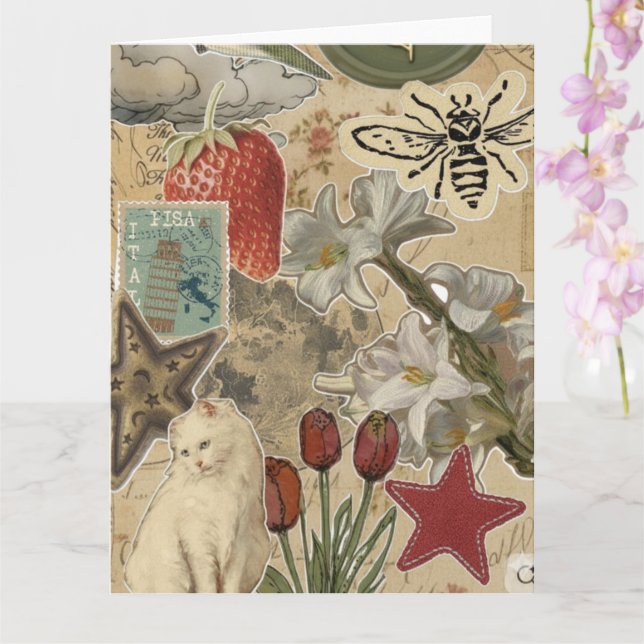 Cat Floral Collage Pattern – Cute Artistic Design Karte (Orchidee)