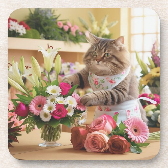 Cat Florist mit Blume Getränkeuntersetzer (Vorderseite)