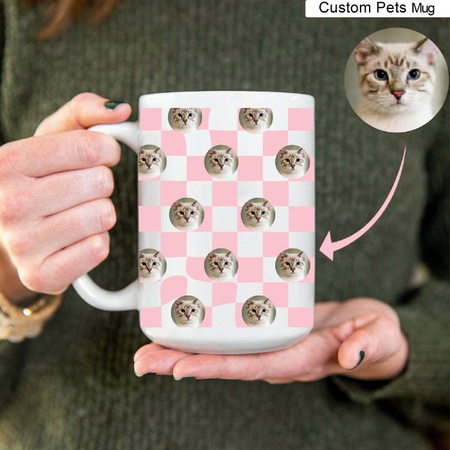 Cat Foto Collage Light Pink Kariertes Muster Kaffe Tasse (Cat Photo Collage Light Pink Plaid Pattern Coffee Mug)