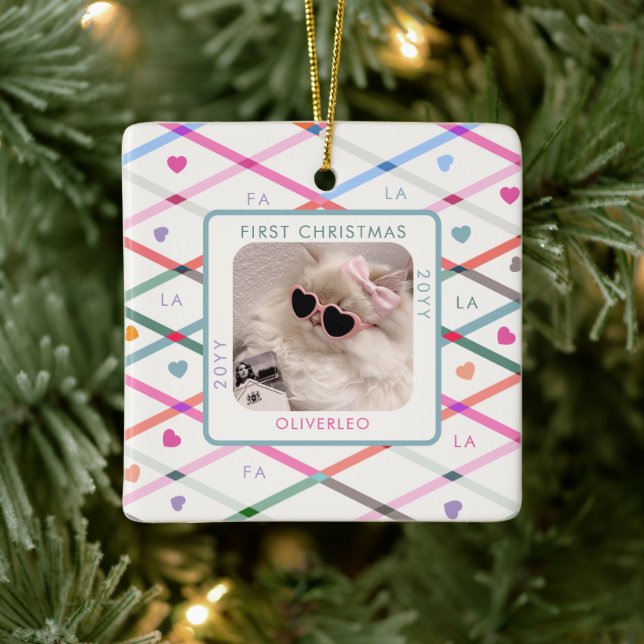 Cat Foto Erstes Weihnachtsfest Meow Pastellmuster Keramikornament (Baum)