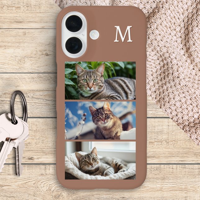 Cat Foto Gallery Pet Lover Custom Initial iPhone 16 Hülle (An elegant monogrammed phone case to personalize with three favorite photos of your pet cat)