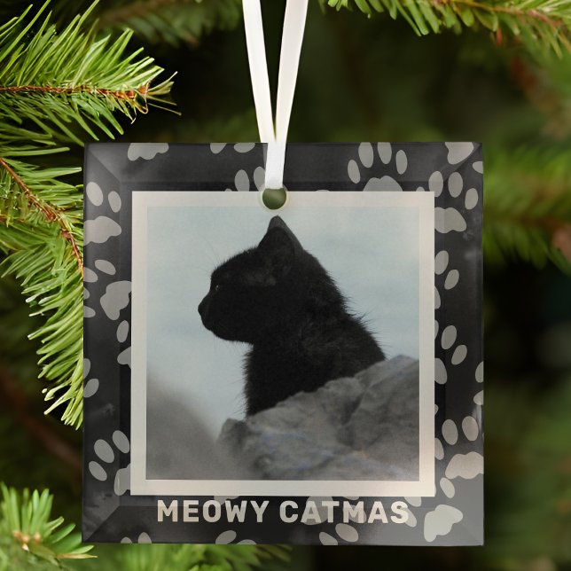 Cat Foto Meowy Catmas Haustier Glas Ornament (Add your black cat photo and hang it where your cat can't reach as they will play with it)