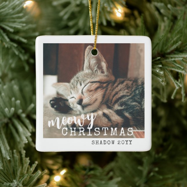 Cat Foto Meowy Frohe Weihnachten Niedlich Weiß Keramikornament (Baum)