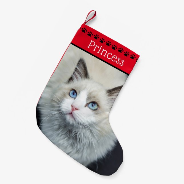 Cat Foto & Name | Red Black Paw Prints Kleiner Weihnachtsstrumpf (Vorderansicht (hängend))