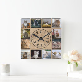 Cat Fotos Collage Imitats Perchager Hintergrund Quadratische Wanduhr