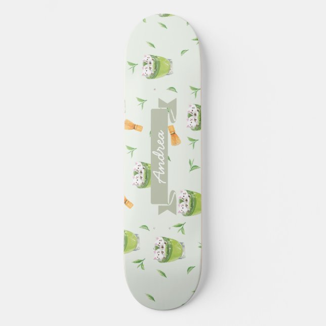 Cat Froth Matcha Green Tea Pattern Skateboard (Vorderseite)